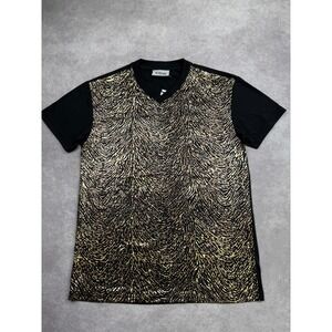 NWT Riflessi Gold Metallic Animal Print V-Neck T-Shirt Top Black Women S Party